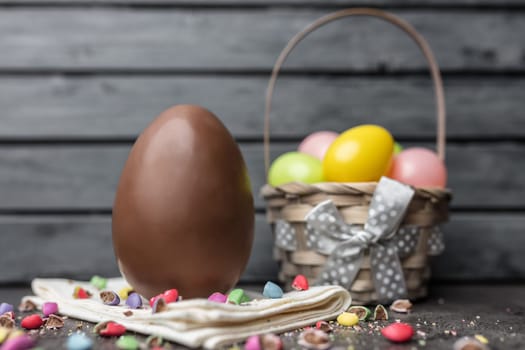 Delicious Easter holiday chocolate bunny, eggs and sweets