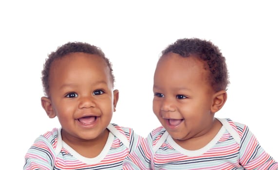 Two funny babies laughing isolated on a white background