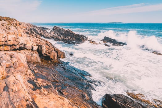 Beautiful view of the rocky coastline of Bailey Island, Maine