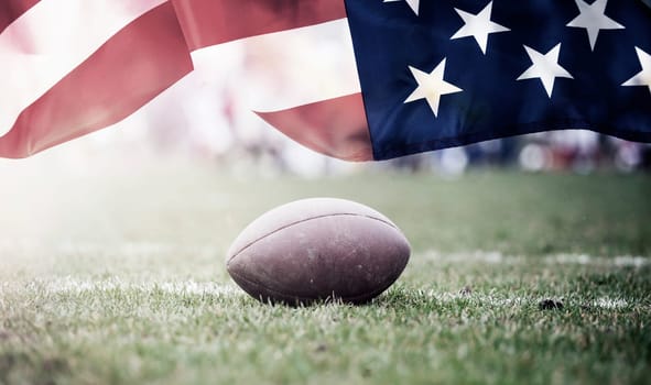 American football on stadium with USA flag