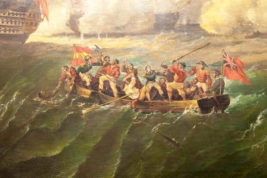 Battle of Cape St. Vincent. Crew of 2 boarded ships are engaged in a bloody battle detail. Painted by Antonio Brugada in 1858. Museo Naval. Madrid