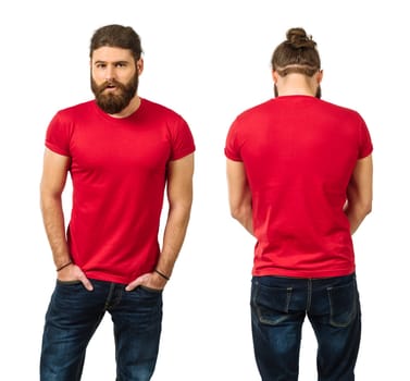 Young man with long hair and beard wearing blank red shirt, front and back. Ready for your artwork.