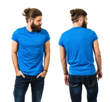 Young man with long hair and beard wearing blank blue shirt, front and back. Ready for your artwork.