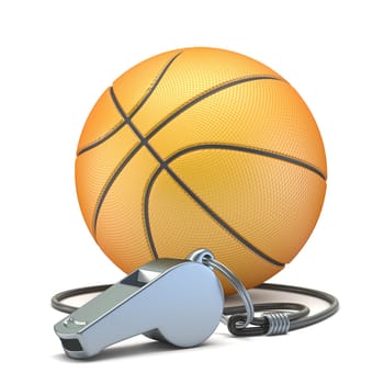 Basketball ball with metal whistle 3D render illustration isolated on white background
