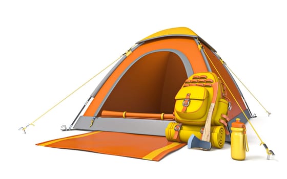 Picnic and camping site with backpack and axe 3D render illustration isolated on white background
