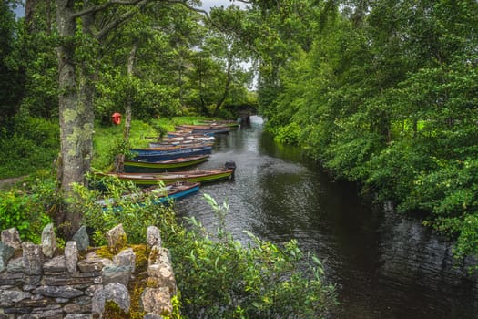 Wooden paddle boats or motor boats moored in a row on narrow canal surrounded by lush green trees near Lough Leane, Ring of Kerry, Killarney, Ireland