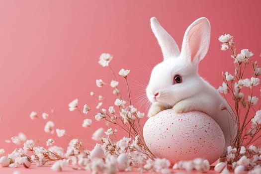 Cute white rabbit holding easter egg with paws near flower branch on pink background. Easter holiday