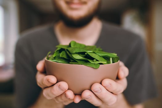 Hands of smiling man holding fresh green salad leaves of spinach on blurred background. Healthy vegetarian eating concept. Green leaves of spinach. Gifts of nature. Blessed harvest. High quality photo