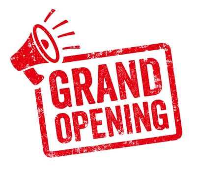Red stamp with megaphone - Grand opening
