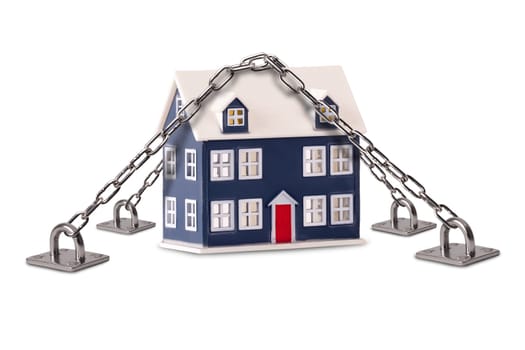 Secure house and building insurance concept. Home security protection with a tiny house chained and locked down on a isolated white background