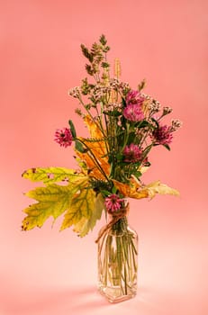 autumn flowers in a glass pitcher as table decoration on colored tablecloths