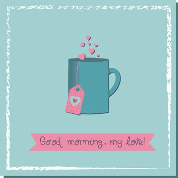 Opening for lovers. Cup of love drink. Valentine's day poster square. Vector illustration.