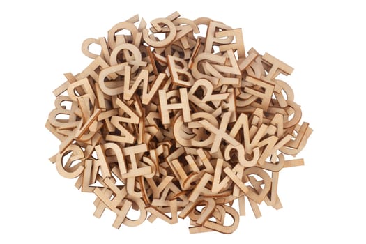top view closeup detail of pile of wooden cut small alphabet letters isolated on white background