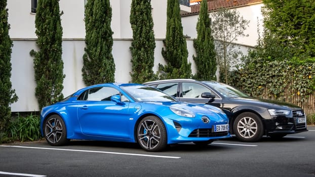 BAYONNE, FRANCE - CIRCA FEBRUARY 2021: Blue Alpine A110 sports car.