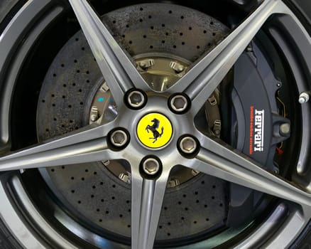 LONDON, UK - CIRCA JULY 2013: Ferrari F12 Berlinetta wheel with Brembo carbon ceramic disk brake.