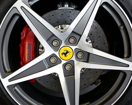 LONDON, UK - CIRCA JULY 2013: Ferrari California wheel detail, Brembo carbon ceramic disk brake.