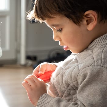 Portrait of backlit little boy playing at home