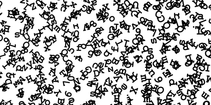 Black digits and letters randomly distributed on white background, abstract illustration