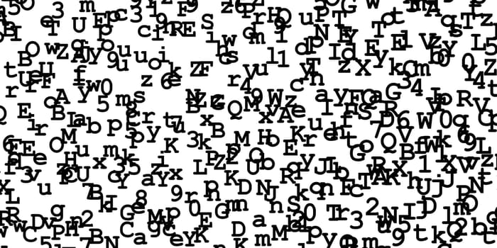 Black digits and letters randomly distributed on white background, abstract illustration