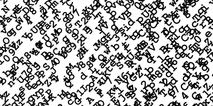 Black digits and letters randomly distributed on white background, 45 degrees rotation, abstract illustration