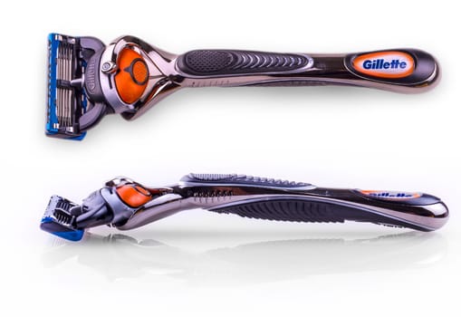 Moldova, Chisinau- Nov 19, 2016: Gillette Excel Sensor shaving razor on a white background. Gillette is a brand of men's safety razors, among other personal care products owned by Procter and Gamble.