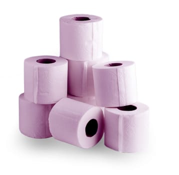 The pink roll of toilet papers on a white background