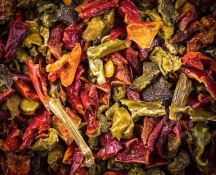 The texture dried peppers and seeds. Close up