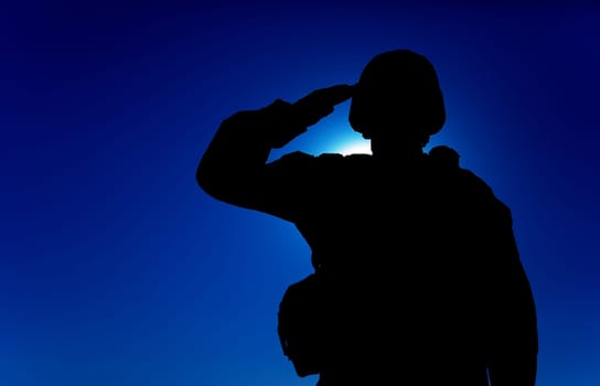 Silhouette of soldier in combat helmet and ammunition saluting on background of sunset sky. Army special forces fighter, Marines rifleman showing respect, greeting officer with salute gesture