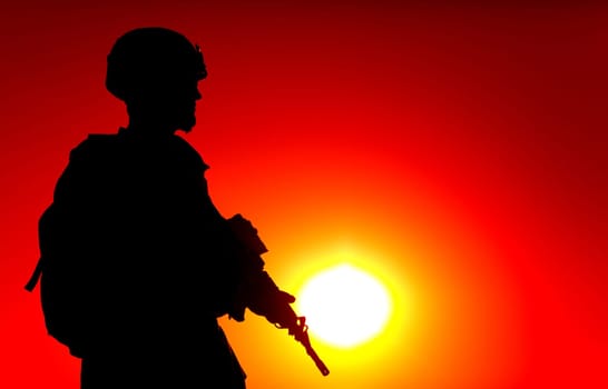 Silhouette of army special forces rifleman, Marines, coast guard or anti-terrorist squad soldier in ammunition and helmet, armed service rifle, standing on ocean shore, patrolling seacoast at sunset