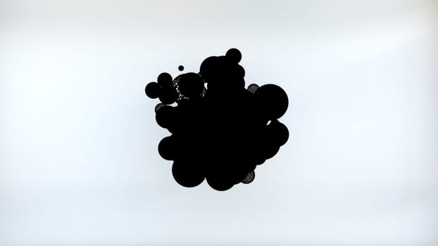 Round separating balls emerging in energy of dark space. Futuristic 3d render fission atoms with gradual filling white surface. Digital molecules and development of creative technologies.