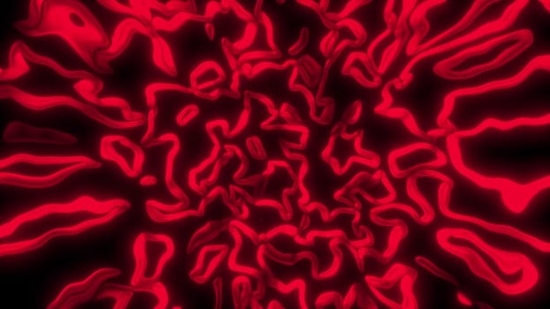 Wavy lines of worms bend in curved 3D render space. Mixed luminous linear chromosomes under magnification of electron microscope. Swirling spiral processes rushing into void.