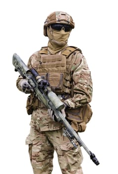 Equipped and armed special forces soldier close up isolated on white background