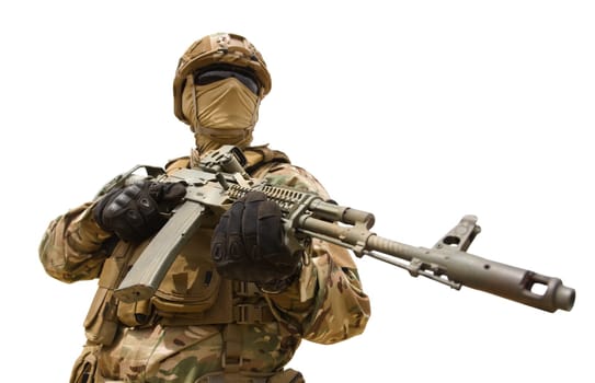 Armed special forces soldier with rifle isolated on white background with copy space for text
