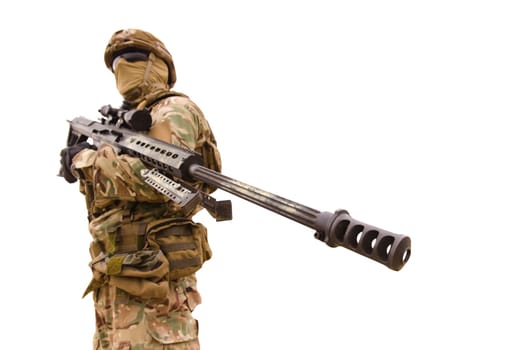 Equipped special forces soldier with sniper rifle isolated on white background