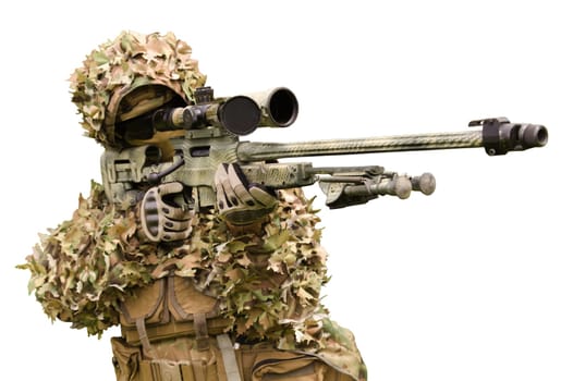 Soldier with sniper rifle isolated on white background ready to shoot