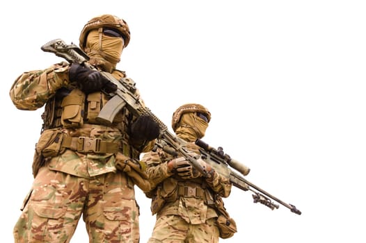 Two equipped special forces soldiers with rifles isolated on white background, space for text