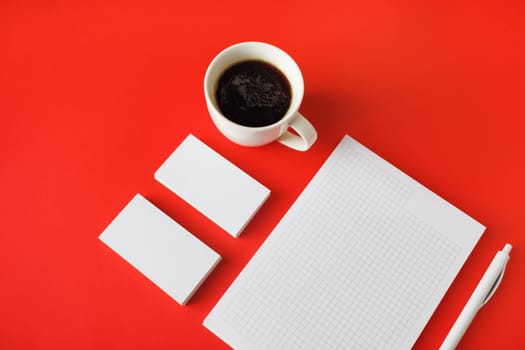 Template for branding identity. Identity set mock-up. Blank stationery set on red paper background.