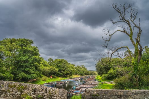 Stone bridge, large dead tree and wooden paddle boats moored in row on river with dramatic storm sky and clouds, Ring of Kerry, Killarney, Ireland