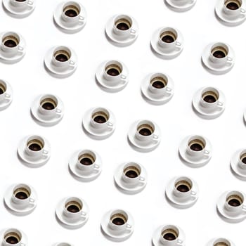 Pattern of white cups of drunk coffee on a white background. Coffee addiction concept.