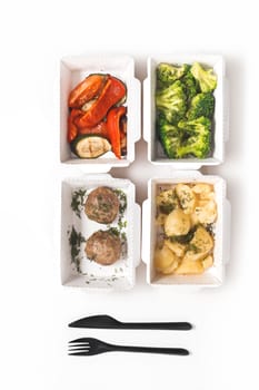 Daily food ration in containers. Delivery from restaurant, set of healthy food and balanced diet. Top view, flat lay
