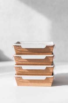Daily food ration in containers. Delivery from restaurant, set of healthy food and balanced diet.