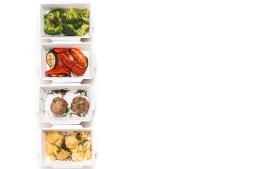 Daily food ration in containers. Delivery from restaurant, set of healthy food and balanced diet. Top view, flat lay