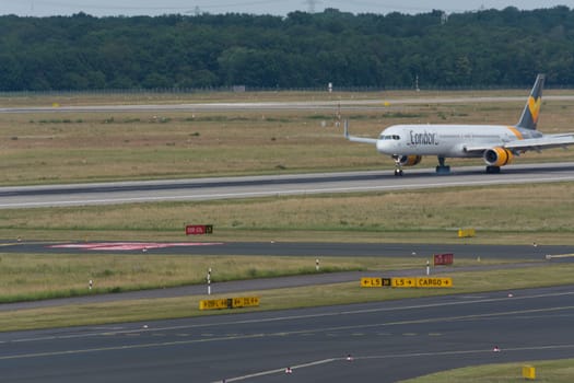 DUESSELDORF, NRW, GERMANY - JUNE 18, 2019:.Condor airplane at Dusseldorf International Airport.