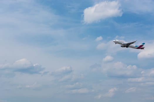 DUSSELDORF, NRW, GERMANY - JUNE 18, 2019:.Eurowing plane takes off from Dusseldorf International Airport.