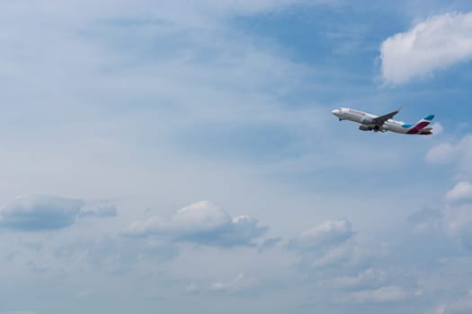 DUSSELDORF, NRW, GERMANY - JUNE 18, 2019:.Eurowing plane takes off from Dusseldorf International Airport.