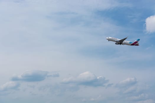 DUSSELDORF, NRW, GERMANY - JUNE 18, 2019:.Eurowing plane takes off from Dusseldorf International Airport.