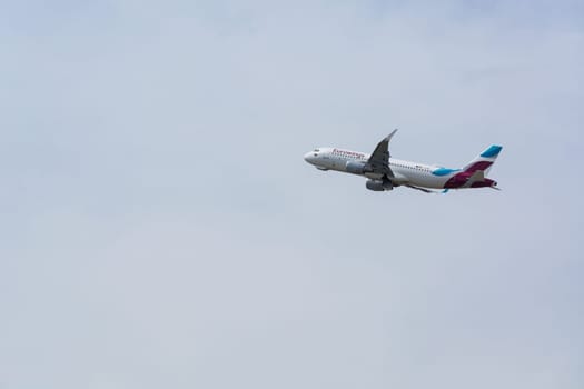 DUSSELDORF, NRW, GERMANY - JUNE 18, 2019:.Eurowing plane takes off from Dusseldorf International Airport.