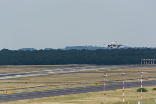 DUESSELDORF, NRW, GERMANY - JUNE 18, 2019:.Eurowing plane lands at Dusseldorf International Airport.