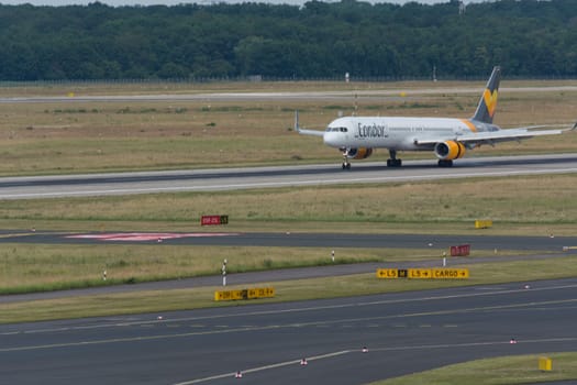 DUESSELDORF, NRW, GERMANY - JUNE 18, 2019:.Condor airplane at Dusseldorf International Airport.