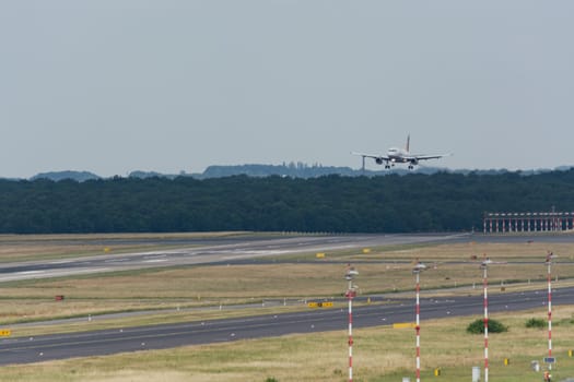 DUESSELDORF, NRW, GERMANY - JUNE 18, 2019:.Eurowing plane lands at Dusseldorf International Airport.